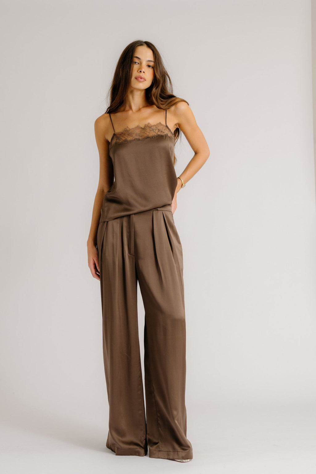 Haya Silk Cami, Lace Trim, Swiss Brown